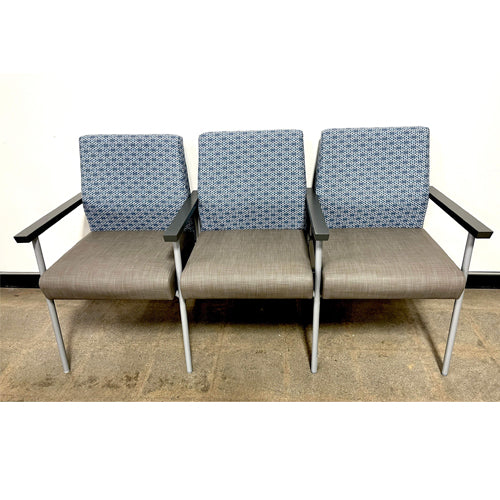 GANG SEATING, 3 SEATER, BLUE CIRCLE, GREY ARMS