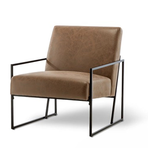 LOUNGE CHAIR, BROWN LEATHER W/ BLACK METAL FRAME