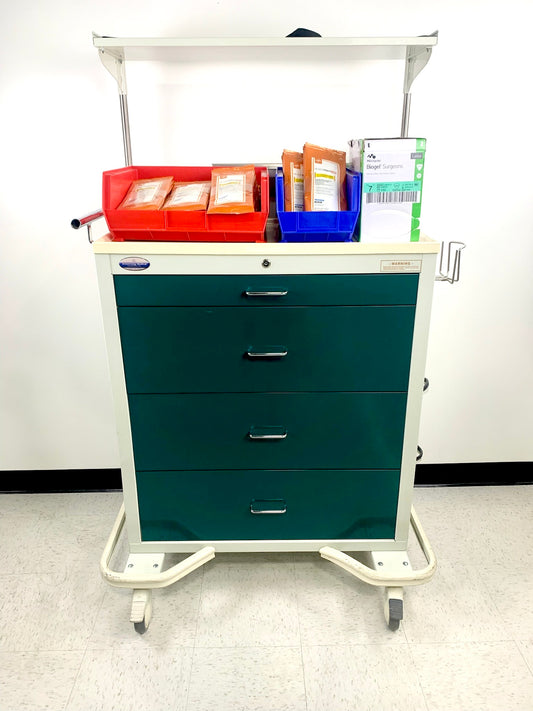 CRASH CART, A-ARMSTRONG WITH GREEN DRAWERS