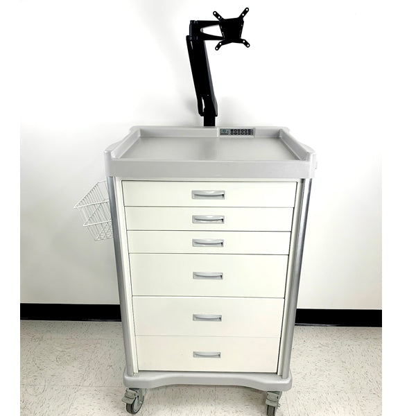 CRASH CART, WHITE AND SILVER W/ MONITOR ARM