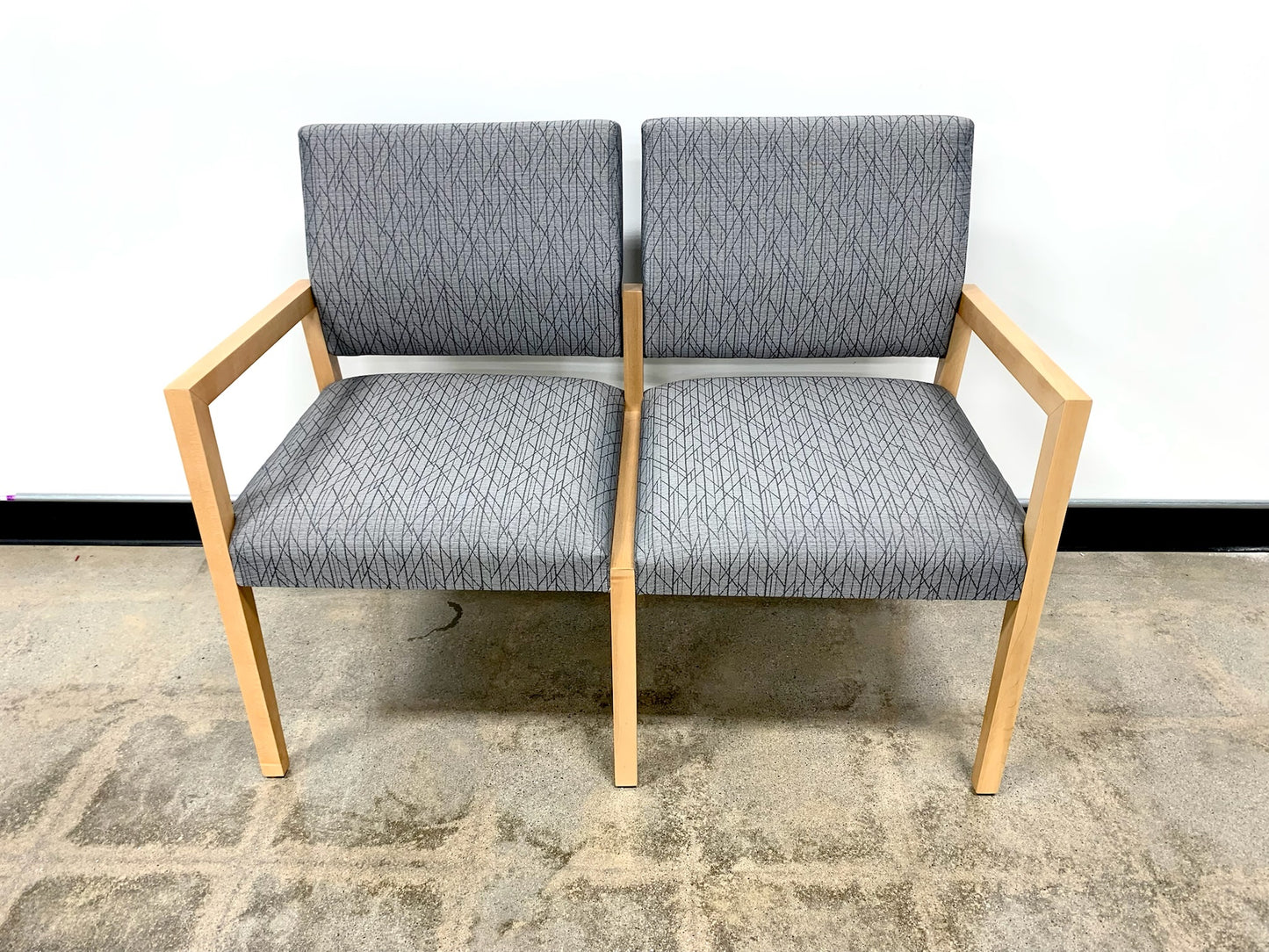 GANG SEATING, 2 SEATER, BLONDE/ GREY STRIPE FABRIC