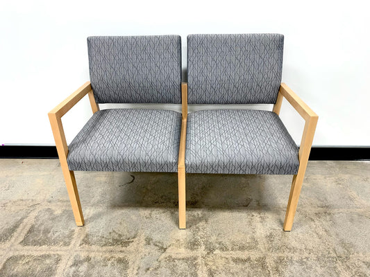 GANG SEATING, 2 SEATER, BLONDE/ GREY STRIPE FABRIC