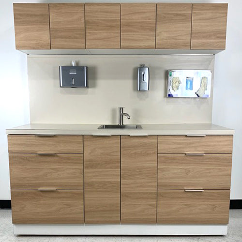 EXAM CABINET, OAK W/ SINK, SOAP AND TOWEL DISPENSER