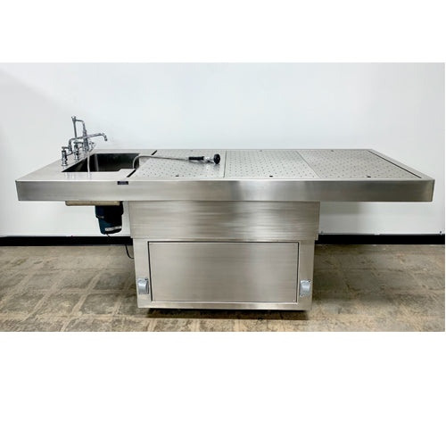 MORGUE TABLE, PEDESTAL, FAUCET, SHOWER HEAD