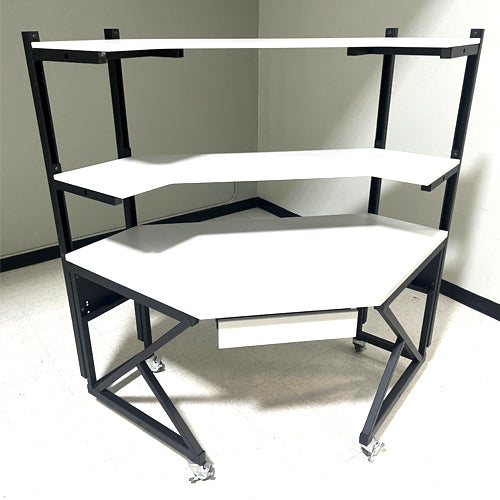 LAB TABLE CORNER, GREY W/SHELVES ROLLING