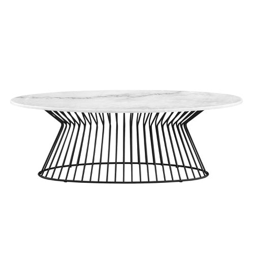 COFFEE TABLE, WHITE MARBLE TOP W/BLACK METAL BASE